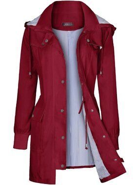 Women's Wine Red Hooded Waterproof Striped Climbing Windbreaker Trench Rain Coat
